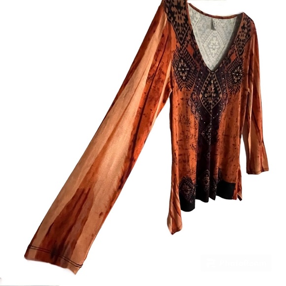 Burnt Pumpkin Boho Long Sleeve V-Neck Rhinestone Embellished Brand New Tunic NWT - Picture 5 of 16